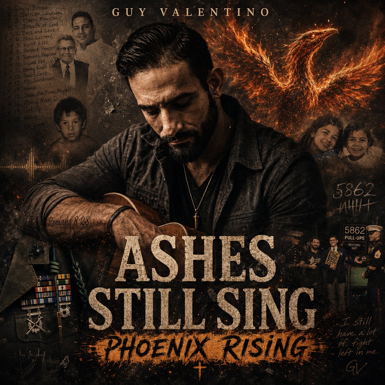 Ashes Still Sing: Phoenix Rising album cover. Guy Valentino with guitar.