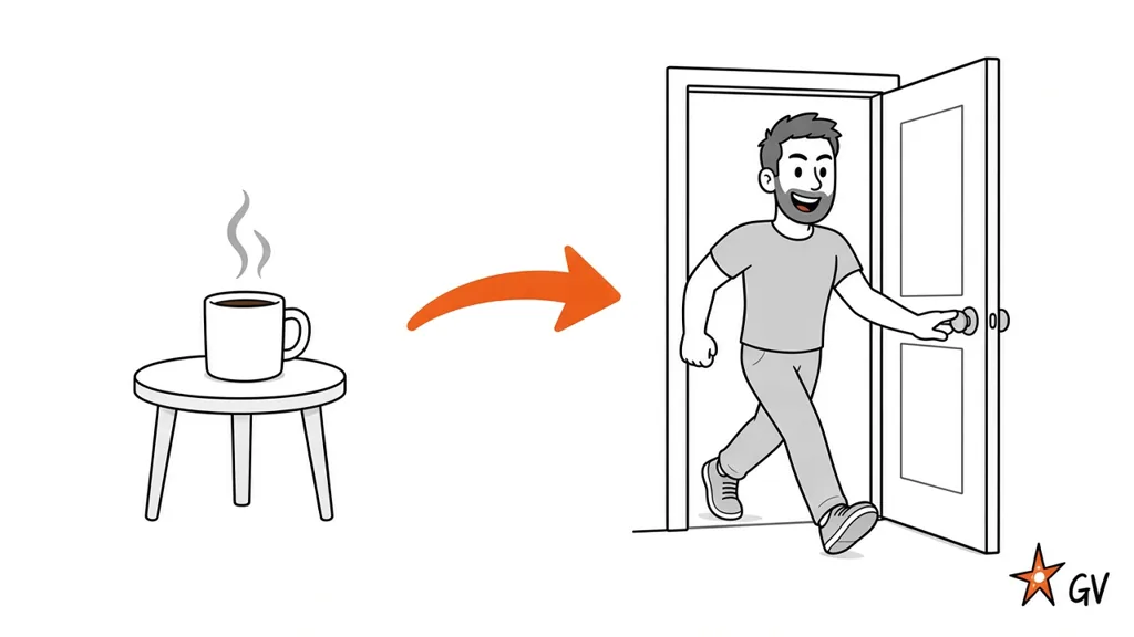 Cartoon: a cup of coffee on a small table, an orange arrow, then Guy grinning as he strides out the front door.