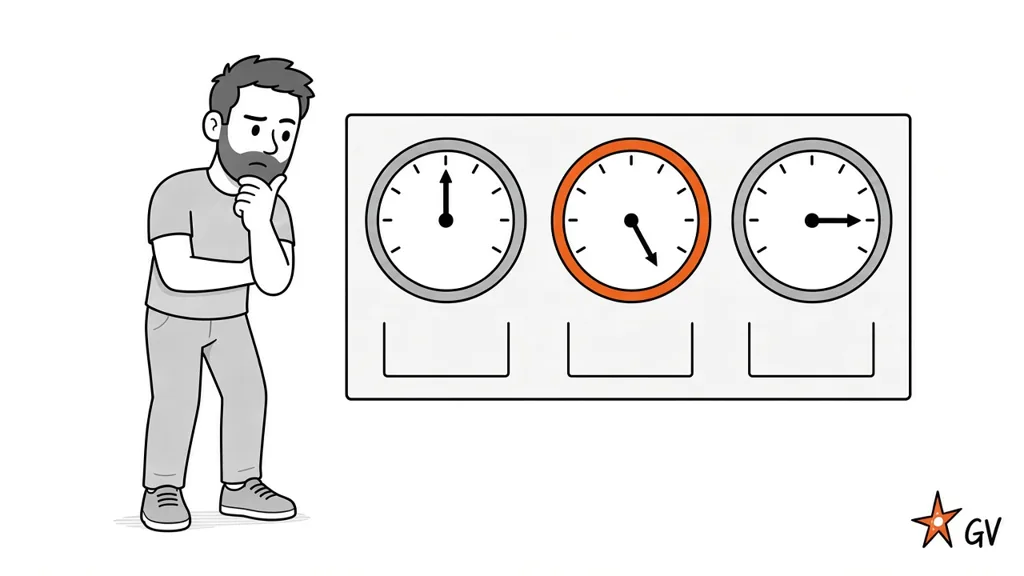 Cartoon of Guy, hand on chin, checking three dials for mind, body, and soul. The middle dial is orange and reads lowest.