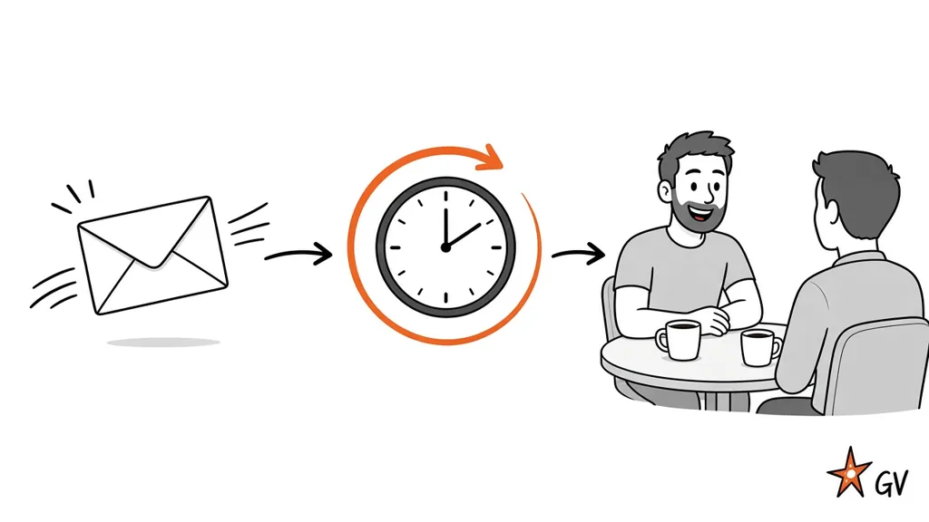 Cartoon in three steps: an envelope flies in, a clock with an orange arrow around it, then Guy smiling at a table over coffee with a client seen from behind.