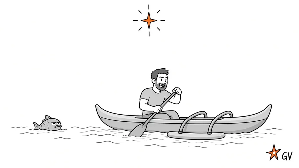 Cartoon: Guy grins as he paddles a waʻa, a canoe with an outrigger float, across open water under an orange North Star. A grumpy fish looks unimpressed.