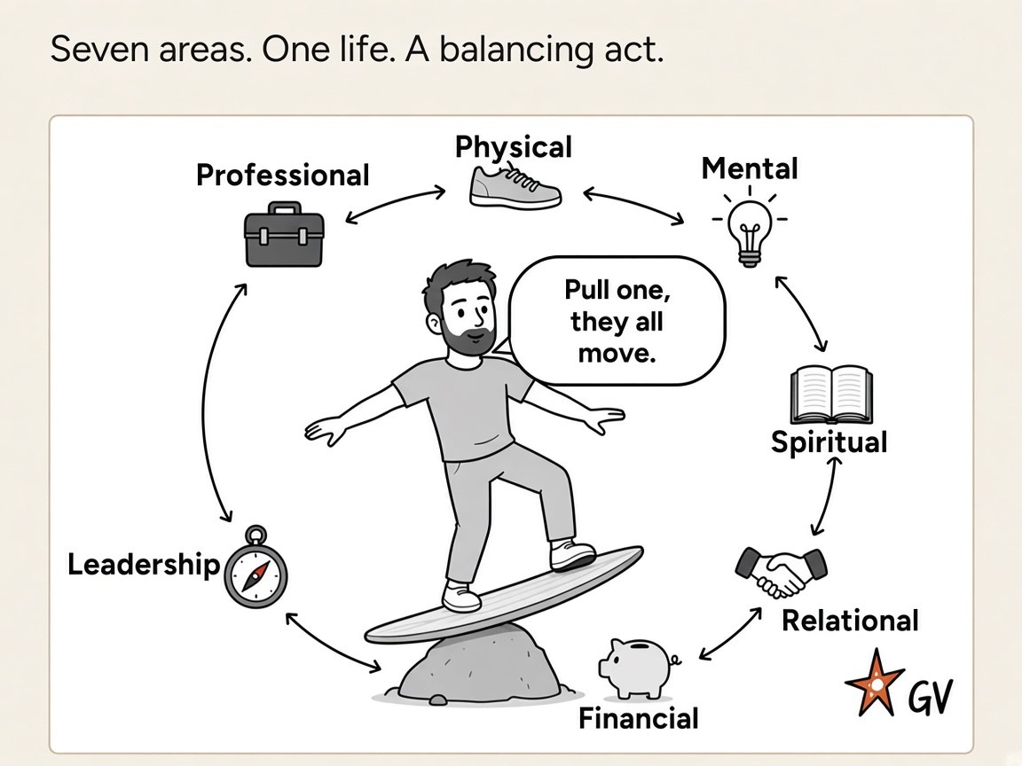 Cartoon: Guy balances on a board over a rock, arms out, and says: Pull one, they all move. Around him, seven areas in a ring, each linked both ways to the next with one two-headed arrow: Physical, Mental, Spiritual, Relational, Financial, Leadership, Professional. Leadership and Professional share a single two-headed arrow.